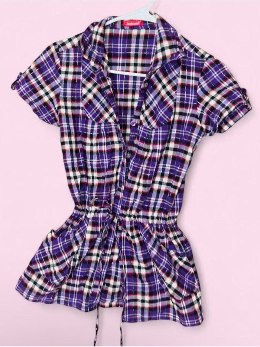 Plaid Short-Sleeve Drawstring Waist Blouse - Purple